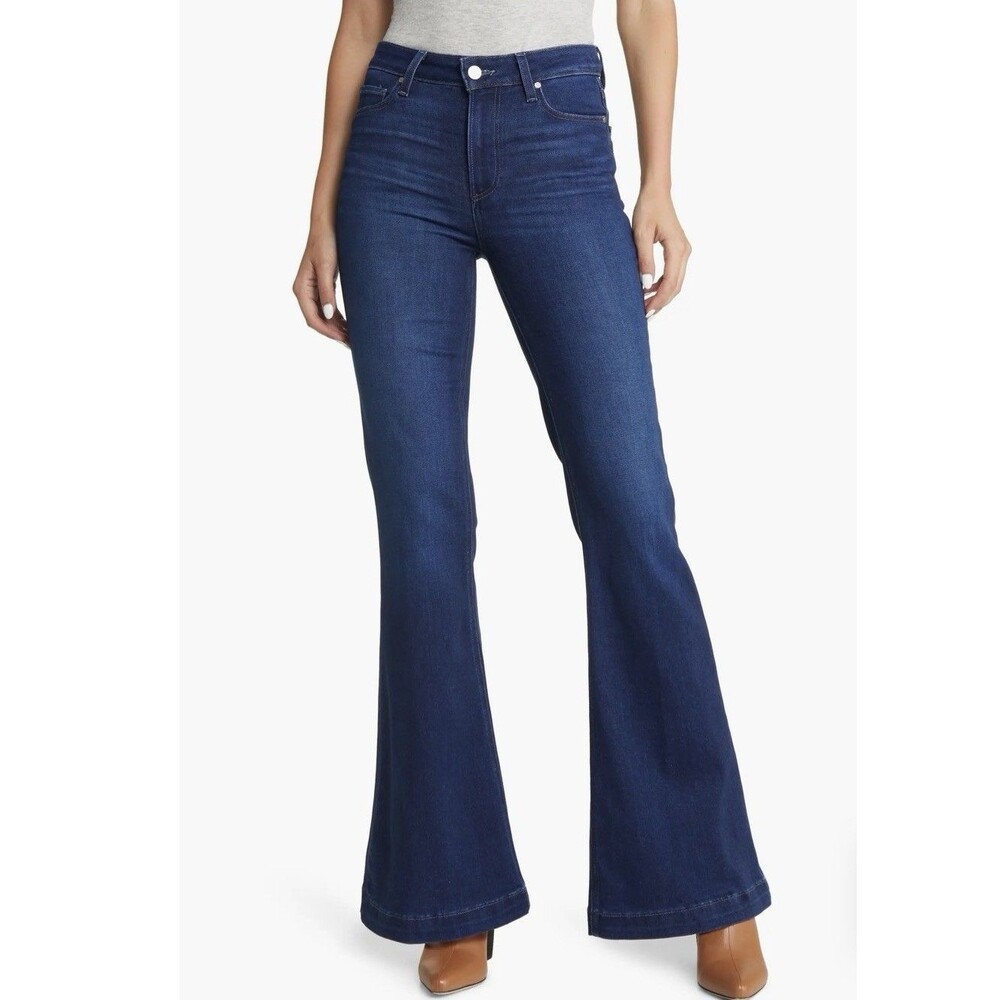 Paige Women's Genevieve High Waisted Flare Leg Jeans Size 32 Blue Dark Wash